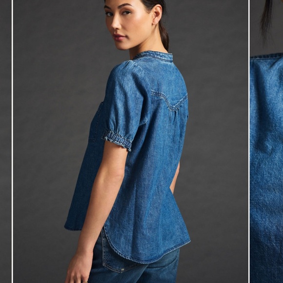 Aly Chambray Henley Shirt | Anthropologie Pilcro | Denim Dark | Medium - Picture 3 of 6